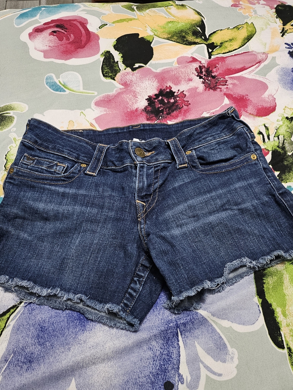 True Religion Dark Blue Frayed Hem Denim Shorts
